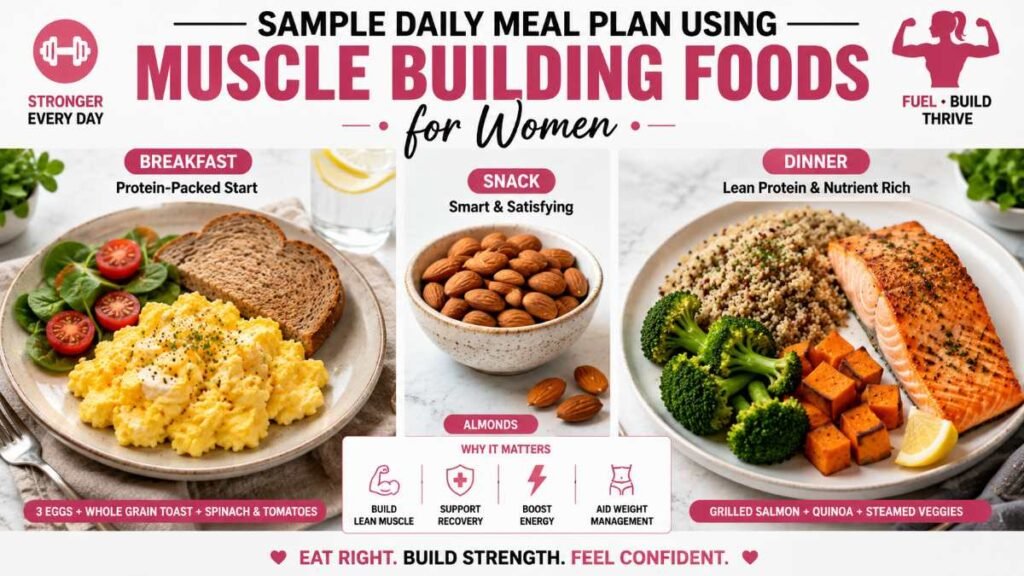 A full-day visual spread of healthy meals utilizing effective muscle building foods for women.