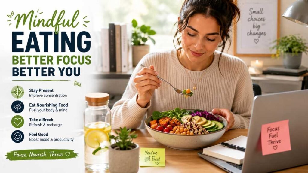 Professional practicing mindful eating with Healthy Lunch Ideas for Work.