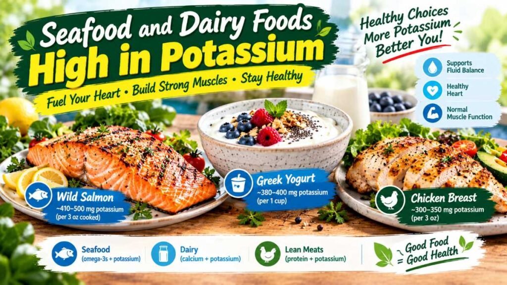 High-protein animal sources and dairy foods high in potassium like wild salmon