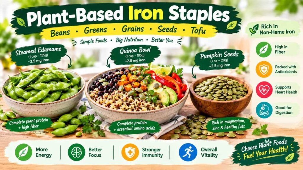 Quinoa bowl topped with pumpkin seeds as part of the best iron rich foods