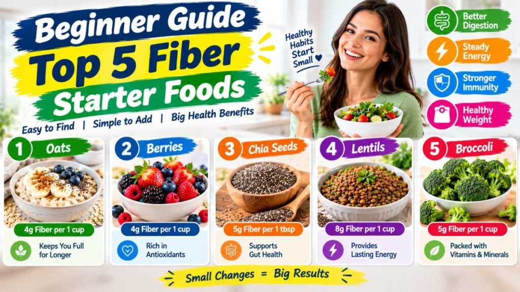 Gentle starter high-fiber foods like oats and apples on a clean counter