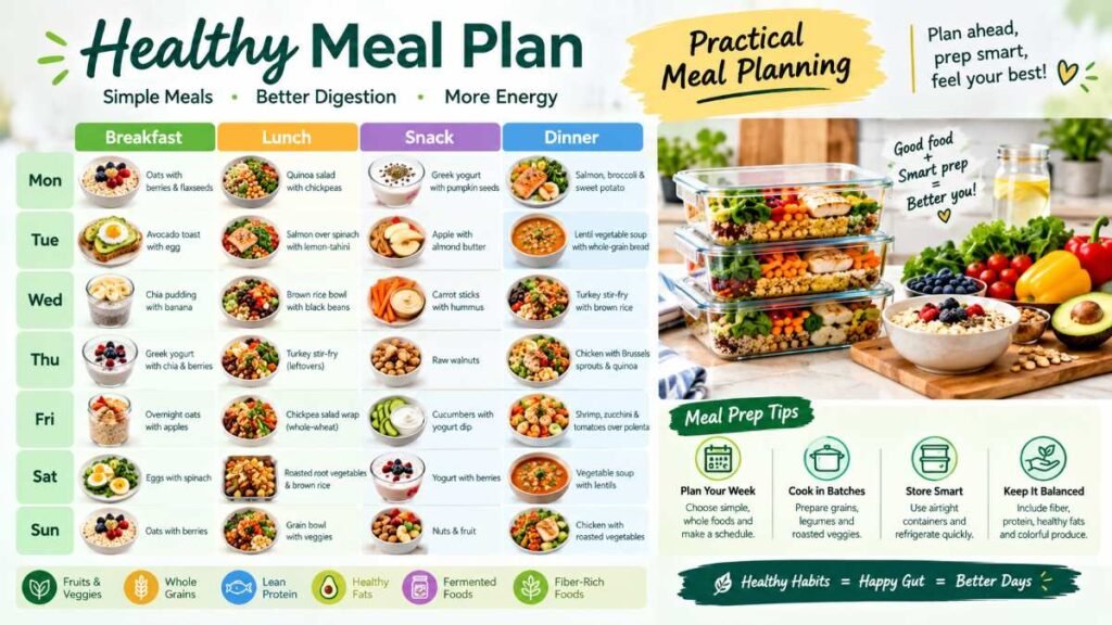 Balanced weekly meal prep containers with grains and salmon