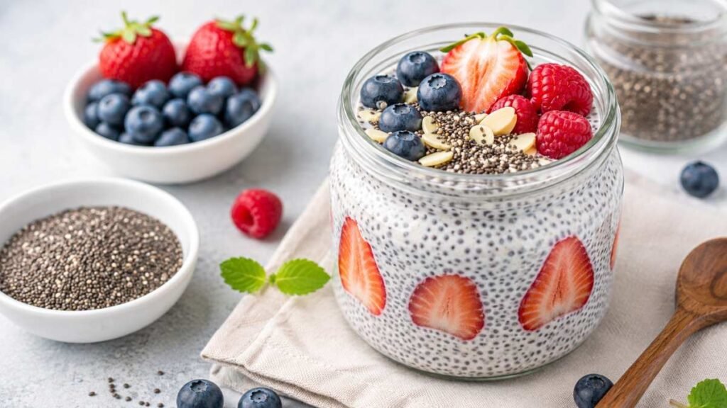 Glass jar of layered chia seed pudding topped with fresh berries