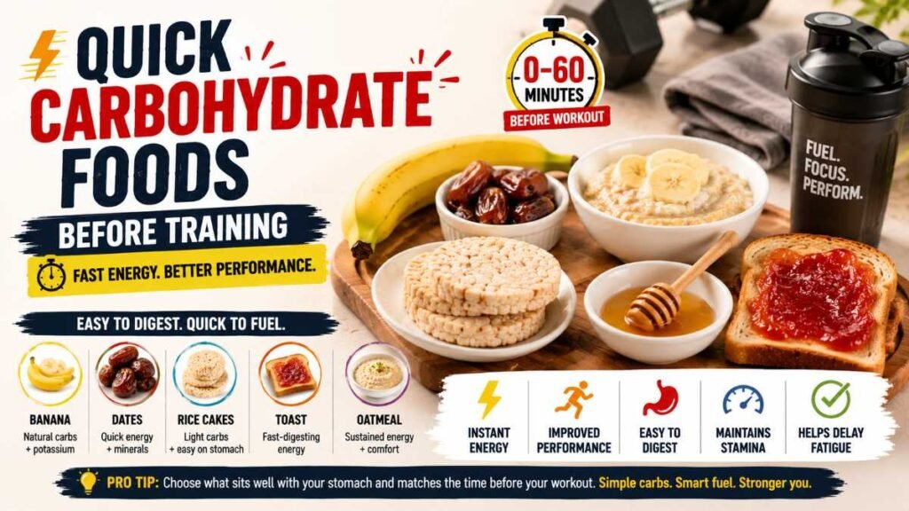 Quick carbohydrate foods before training including bananas, dates, and rice cakes.