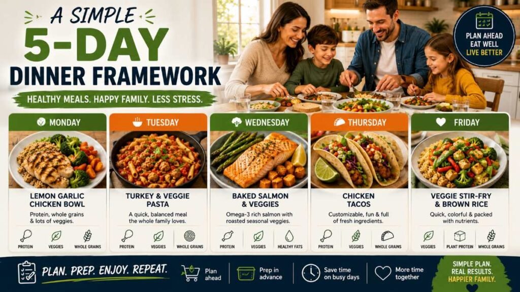 A simple five-day healthy dinner plan with balanced family meals for busy weekdays.