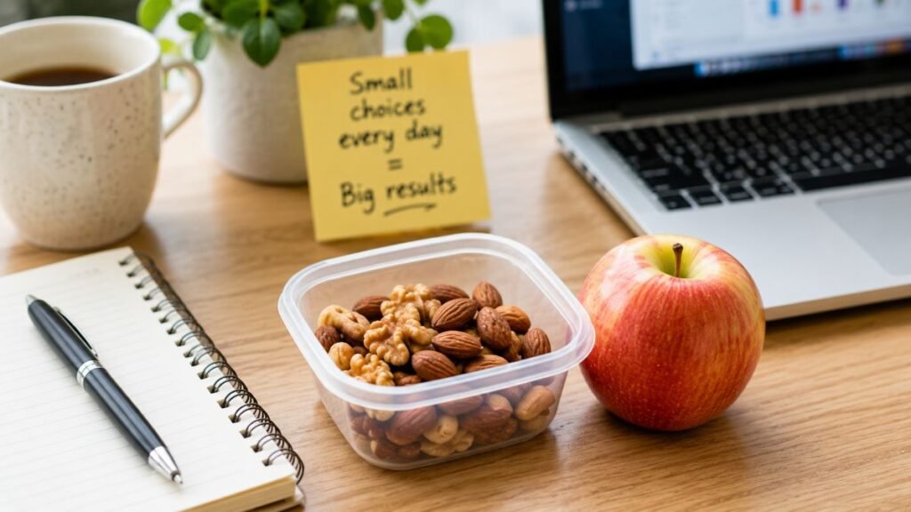An apple and a small container of almonds on a clean desk, showing healthy office snack portion awareness.