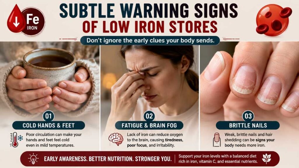 Early warning signs of low iron stores including cold hands and brittle nails