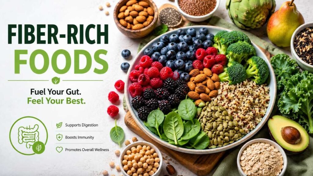 High fiber plant foods reinforcing the importance of healthy eating habits for digestion.