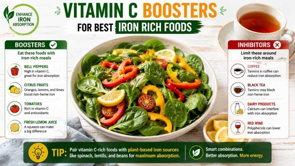 Vitamin C rich lemon and peppers paired with best iron rich foods to boost absorption.