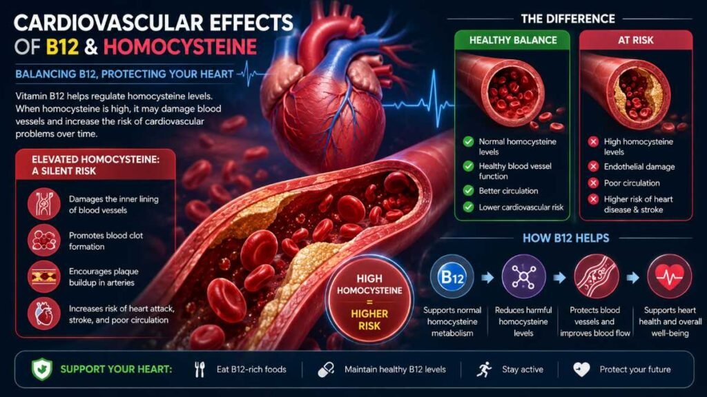 Infographic linking elevated homocysteine and vascular strain to untreated vitamin b12 deficiency symptoms.