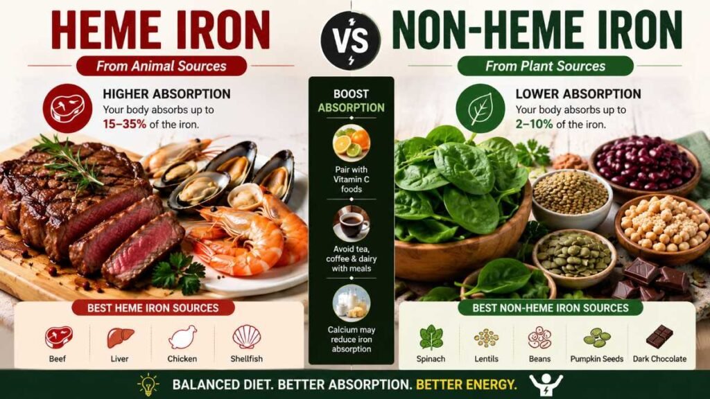 Comparison of heme and non-heme iron rich foods showing animal and plant sources.