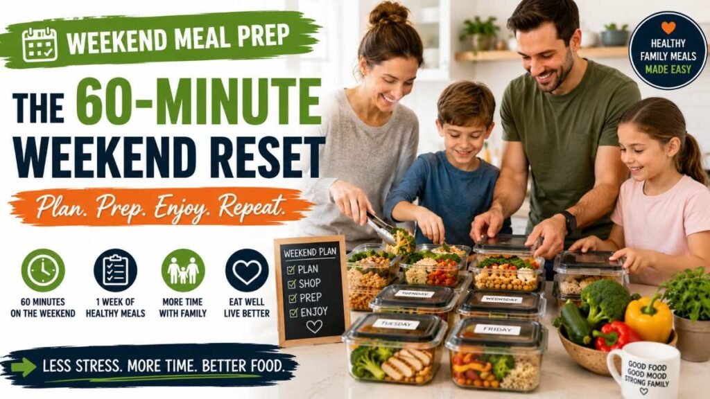 Weekend meal prep with chopped vegetables, cooked grains, protein, and family meal ingredients.