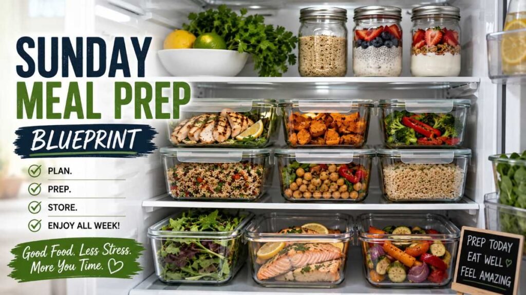 An organized fridge filled with glass meal prep containers, showing the Sunday meal prep blueprint for weekday