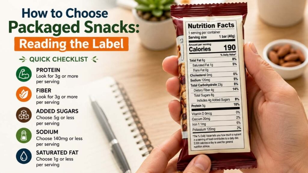 A person's hand holds a packaged snack bar, emphasizing the importance of reading the Nutrition Facts label.