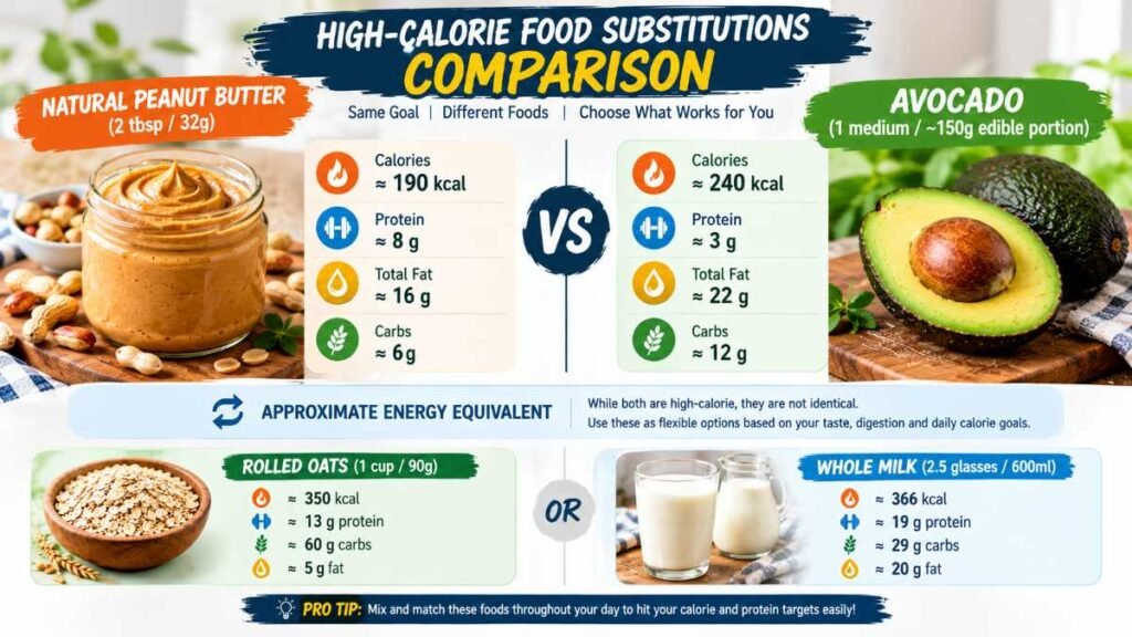 Comparison of healthy weight gain foods swaps: two tablespoons of peanut butter versus one avocado.