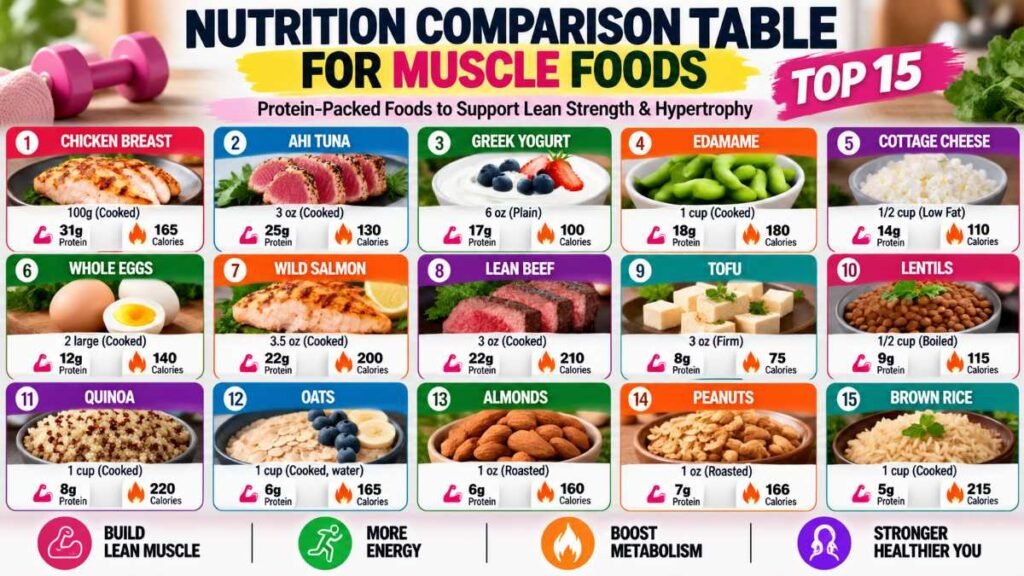 Nutritional chart displaying protein and calorie values of muscle building foods for women