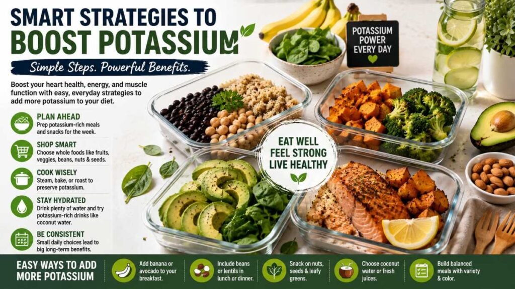 Meal prep containers filled with clean foods high in potassium and whole grains.