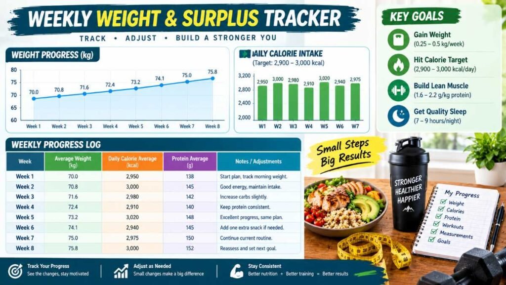 Progress log chart for monitoring healthy weight gain foods and body weight trends.