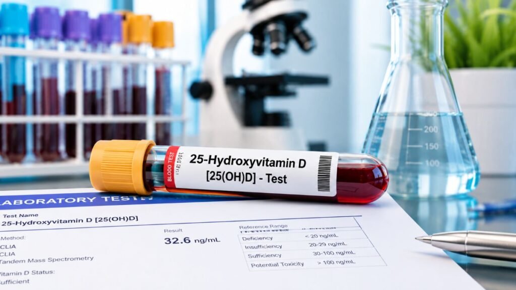 Laboratory blood collection vial used for measuring serum 25-hydroxyvitamin D levels.