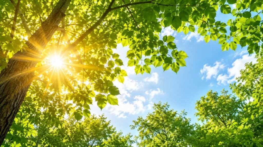 Bright sunlight filtering through foliage representing outdoor UVB exposure.
