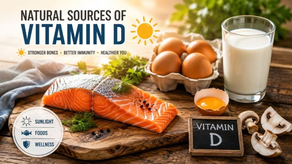 Fresh wild salmon, eggs, and fortified milk arranged neatly to highlight dietary sources of Vitamin D under natural sunlight
