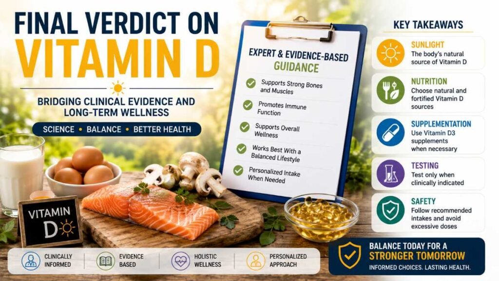 An open clinical guidelines manual with a magnifying glass highlighting evidence-based health benefits of Vitamin D, symbolizing a trustworthy expert verdict.