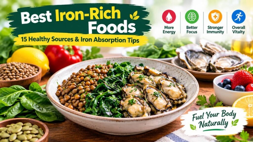 A selection of the best iron rich foods including lentils, spinach, and seafood.