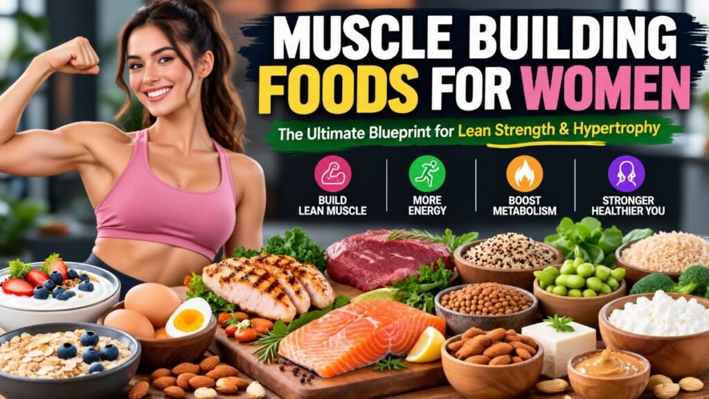 A vibrant spread of protein-rich muscle building foods for women on a kitchen table