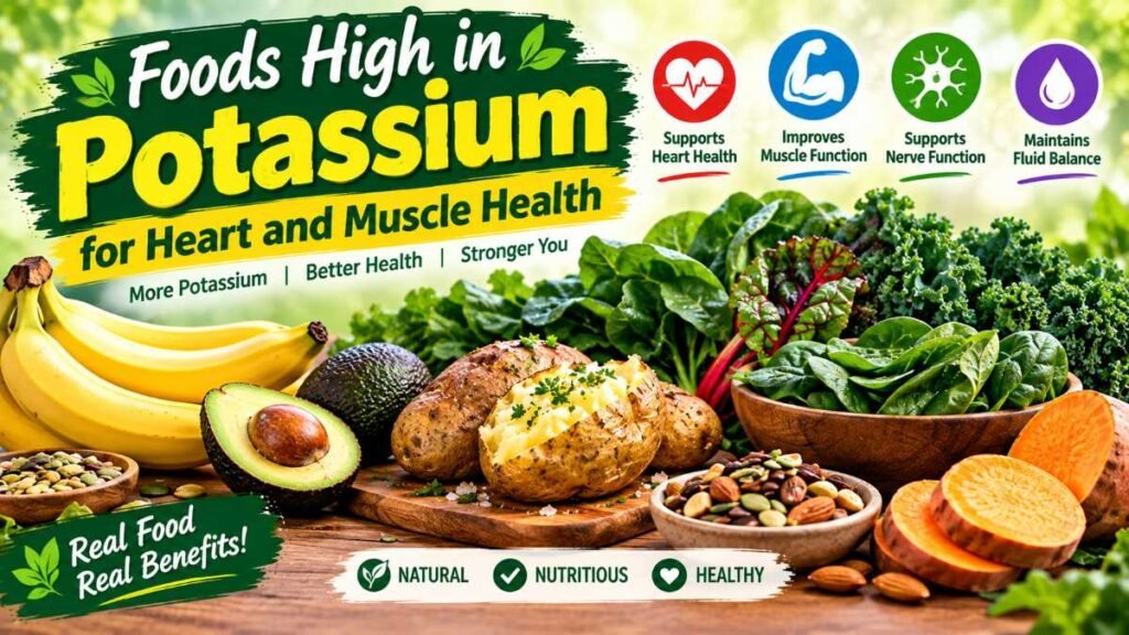 A fresh arrangement of foods high in potassium including potatoes, greens, and avocados