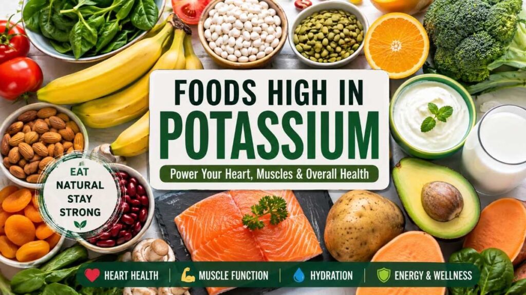 Vibrant display of fresh plant-based foods high in potassium including sweet potatoes, bananas, and avocados