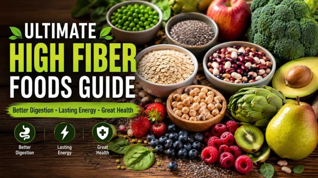 colorful fresh high fiber foods list ingredients on a wooden table