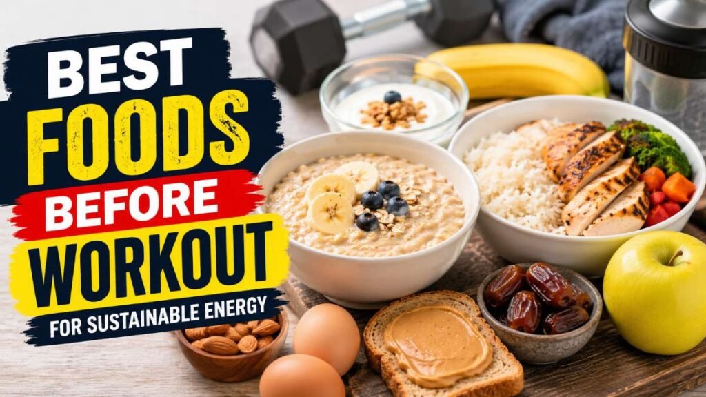 Best foods before workout including oats, banana, yogurt, rice, eggs, and dates for natural workout fuel.