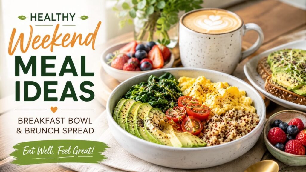 Alt Text: A vibrant table spread featuring healthy meal ideas for the weekend including breakfast bowls, fresh salad, and coffee