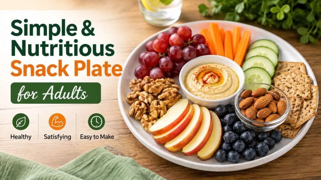 A variety of healthy snack ideas for adults, including fruit, nuts, and vegetables, on a wooden board.