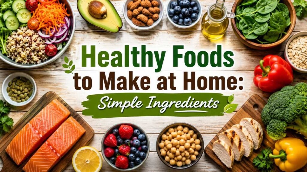 Variety of healthy foods to make at home on a table