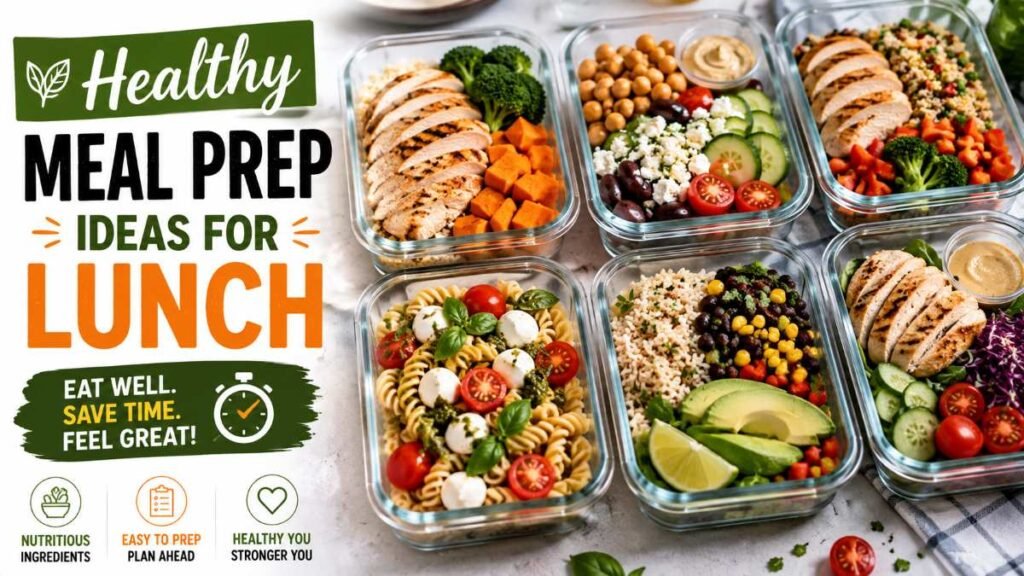 Glass containers with healthy meal prep ideas for lunch arranged on a wooden kitchen counter
