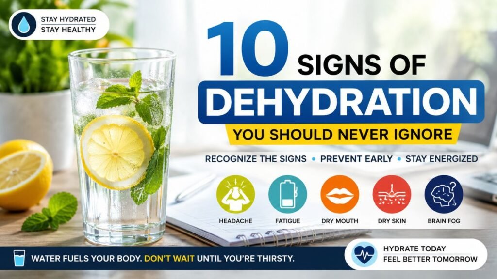 Glass of water representing hydration and 10 signs of dehydration