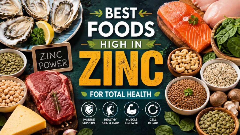 Vibrant photo of foods high in zinc like oysters, beef, and seeds.