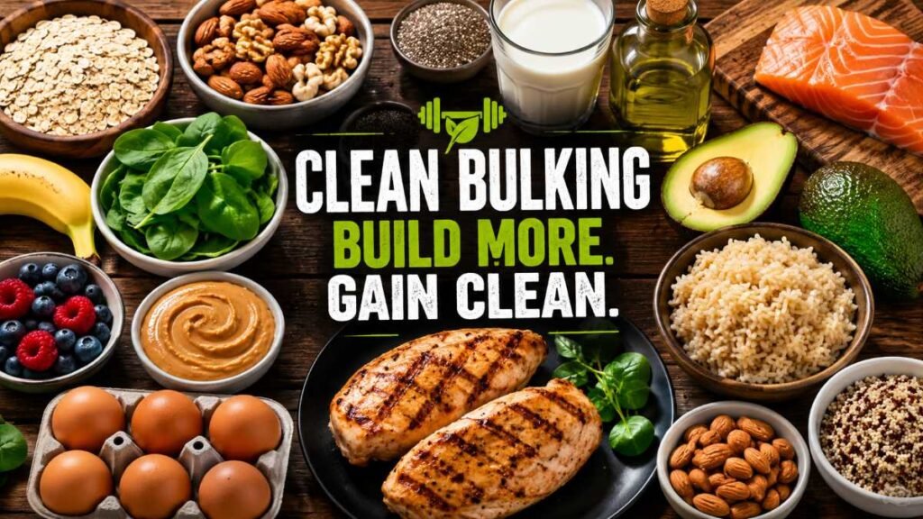 High-calorie healthy whole foods layout for clean bulking