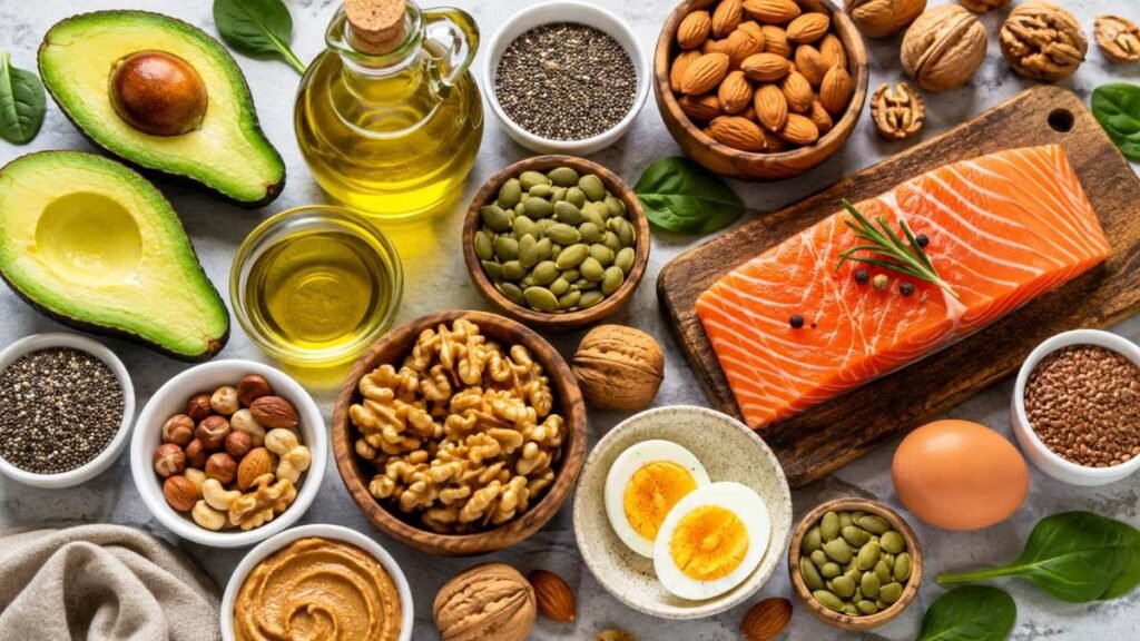 Fresh wholesome ingredients showcasing healthy fat foods for energy and wellness