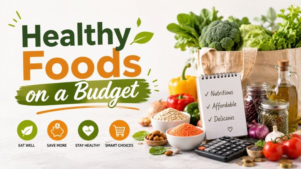 Healthy foods on a budget featuring oats, eggs, beans, and fresh produce