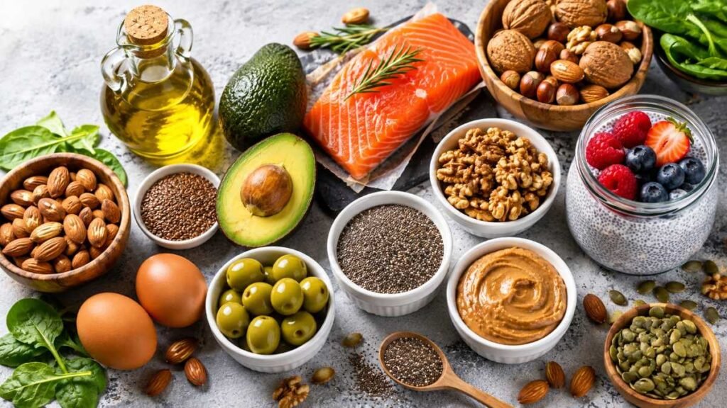 Healthy fat foods including olive oil, fatty fish, avocado, and nuts for daily wellness