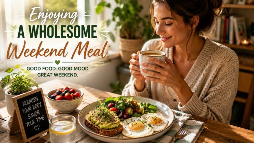 A relaxed person enjoying a wholesome weekend meal and coffee, embracing mindful eating