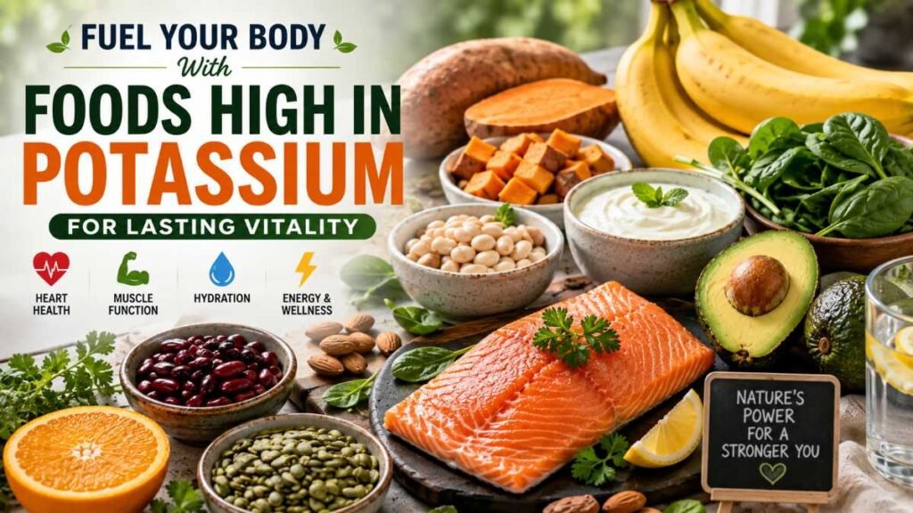 Fresh foods high in potassium including salmon, spinach, avocado, bananas, and sweet potatoes.