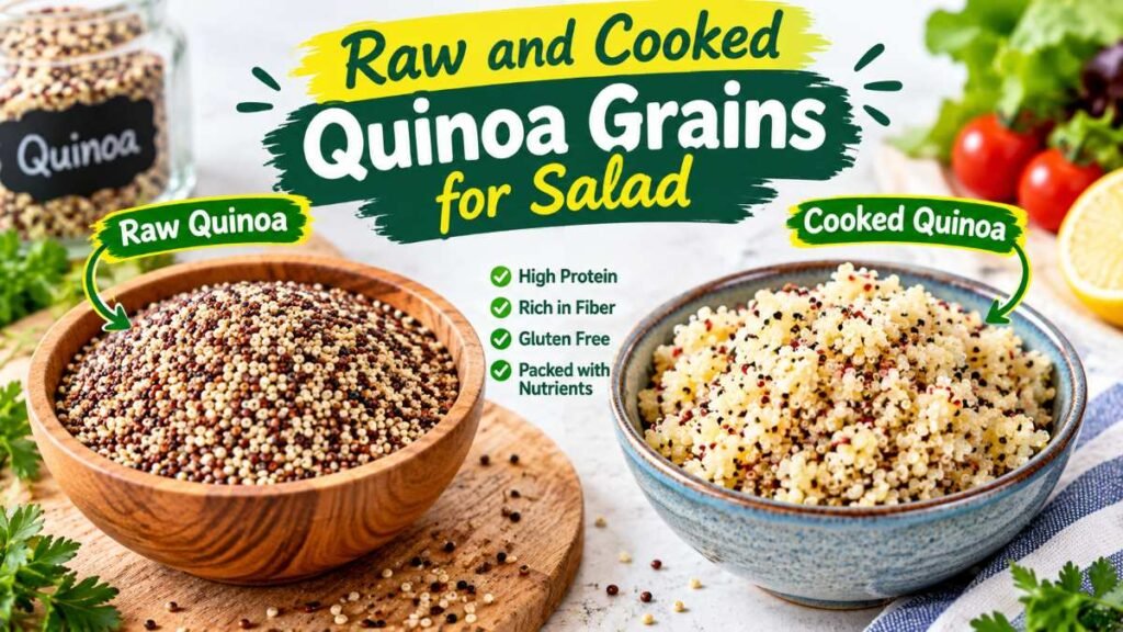 Fluffy cooked quinoa grains used as the base for a healthy quinoa salad recipe