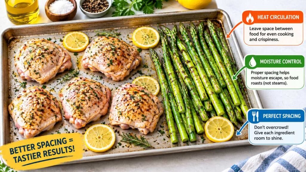 Raw chicken and chopped vegetables spaced on aluminum tray for sheet pan dinner recipes