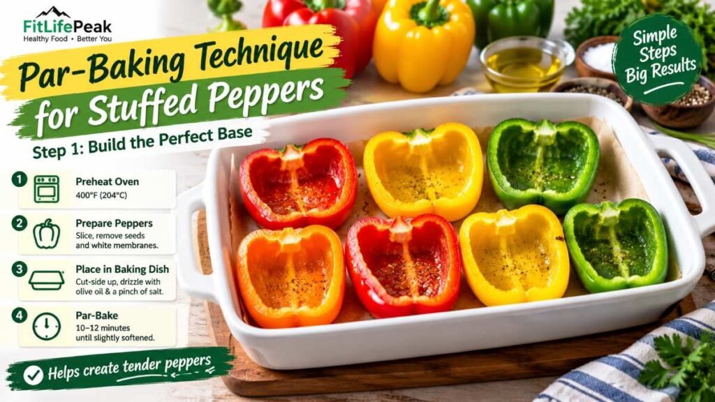 Halved bell peppers placed in a baking dish before adding filling for this stuffed peppers recipe.
