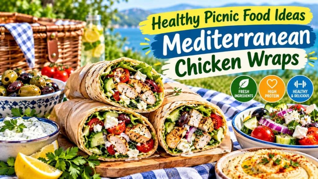 Whole-wheat Mediterranean chicken wraps packed with fresh vegetables for healthy picnic food ideas