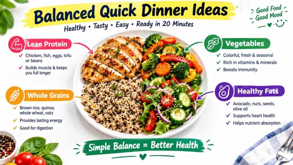 A divided plate showing lean protein, complex carbs, greens, and healthy fats for quick dinner ideas