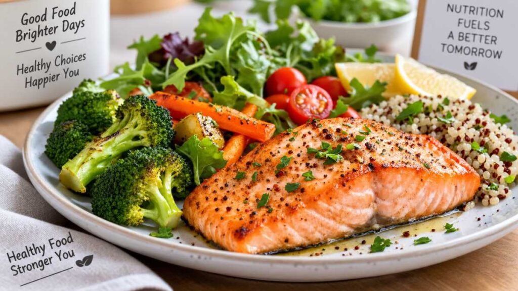 Fresh salmon fillet served with omega-3 rich sides in healthy salmon dinner recipes